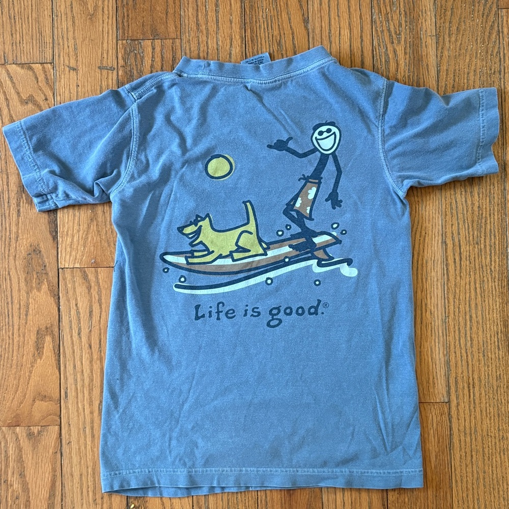 Life is Good Kids Surfing Graphic T Shirt Blue Jake Dog Tee